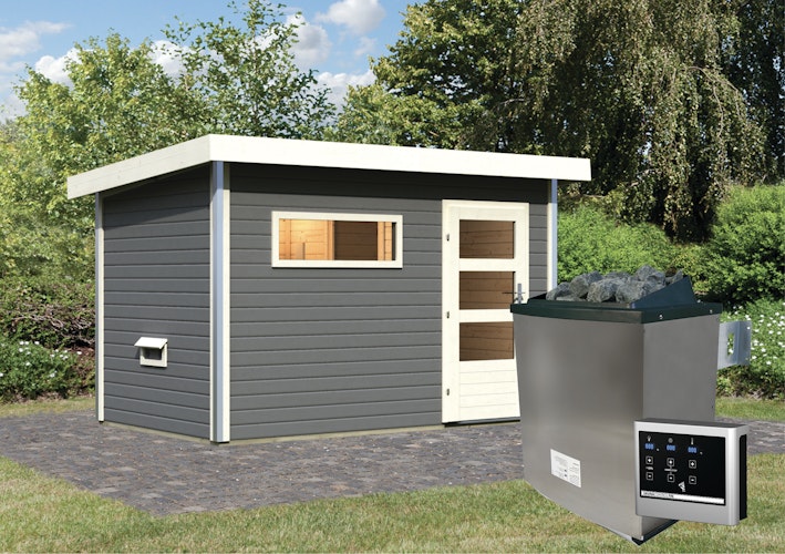 Karibu Gartensauna Pultdach Saunahaus Skrollan 1 mit Vorraum terragrau