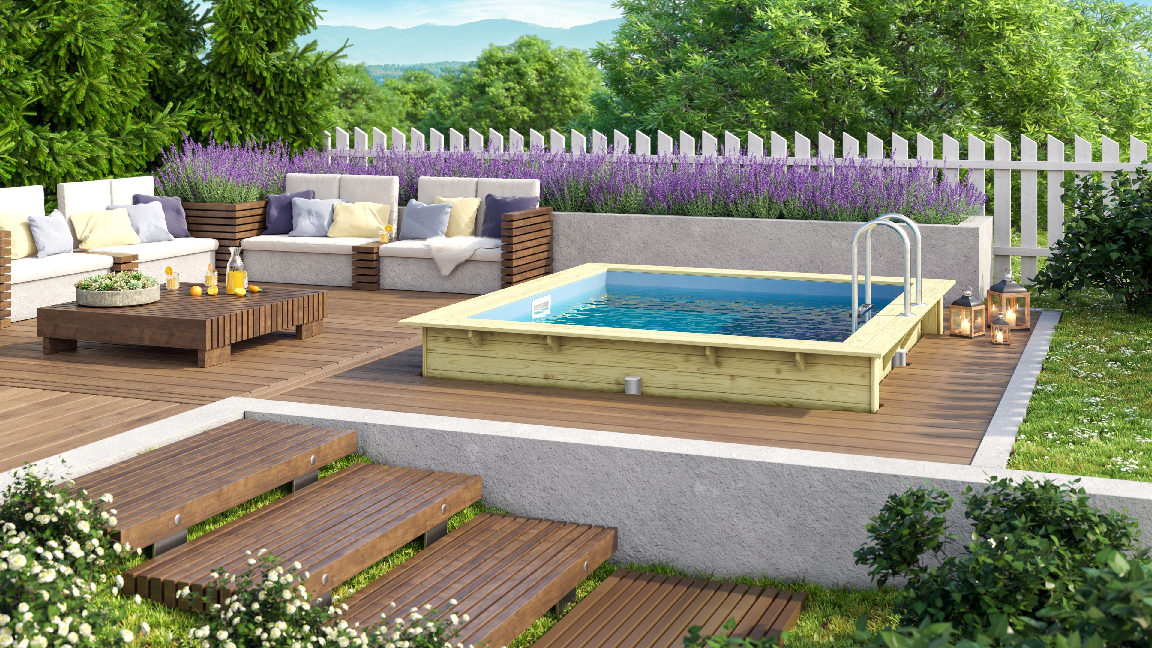 Karibu Rechteck Pool Gr. 1 - 350 x 320 cm - kesseldruckimprägniert Sparset mit Filteranlage
