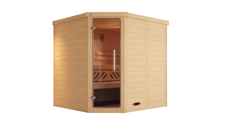 Weka Premium Massivholz-Elementsauna Kemi Eck 1 mit Glastür/Fenster inkl. Komfortpaket - 45 mm