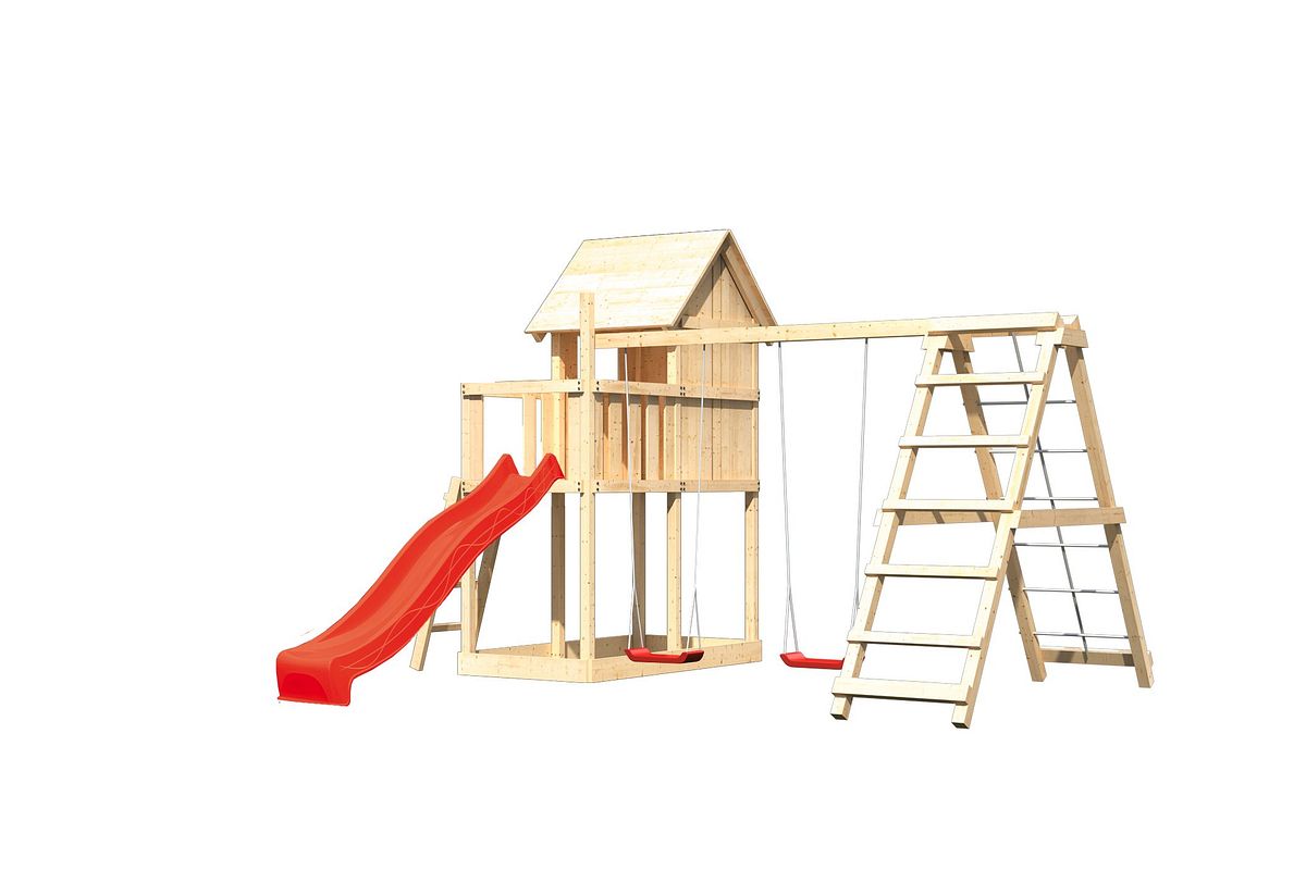 Akubi Kinderspielturm Frieda mit Anbau, Rutsche und Doppelschaukelanbau mit Klettergerüst (Set C)-rot