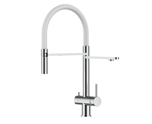 3 Wege Wasserhahn Küchenarmatur, Edelstahl Massiv mit 360° schwenkbarem Auslauf, abnehmbare 2 strahl Handbrause, Hochglanz / Weiß