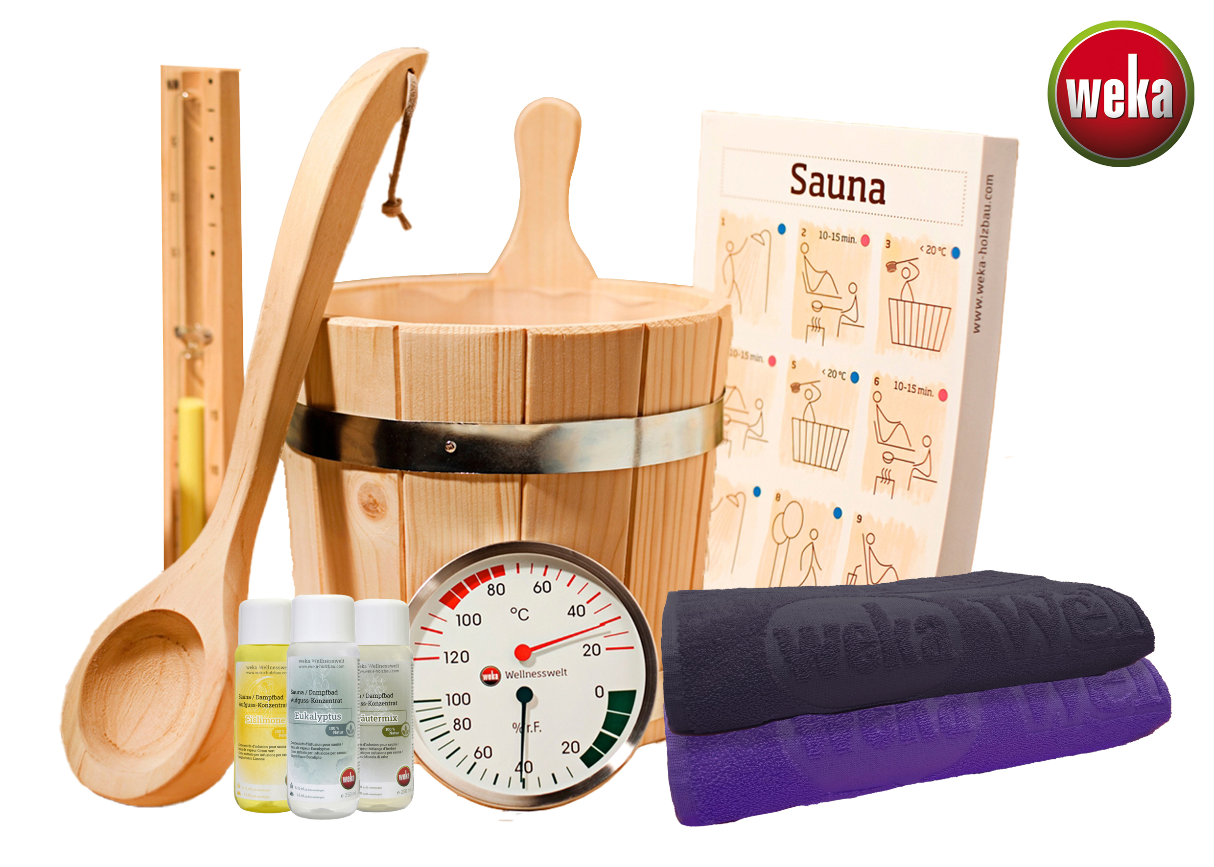 Weka Premium Aktionsset bestehend aus Aufgusskübel, Schöpfkelle, Klimamesser, 2 Handtüchern, 3 Aufgusskonzentraten, Sand...