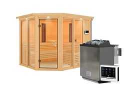Karibu Multifunktions-Sauna Ava inkl. Infrarotstrahler mit Eckeinstieg 68 mm Inkl. Dachkranz 9 kW Bio-Kombiofen inkl. Steuergerät inkl. gratis Zubehörpaket im Wert von 126,96€