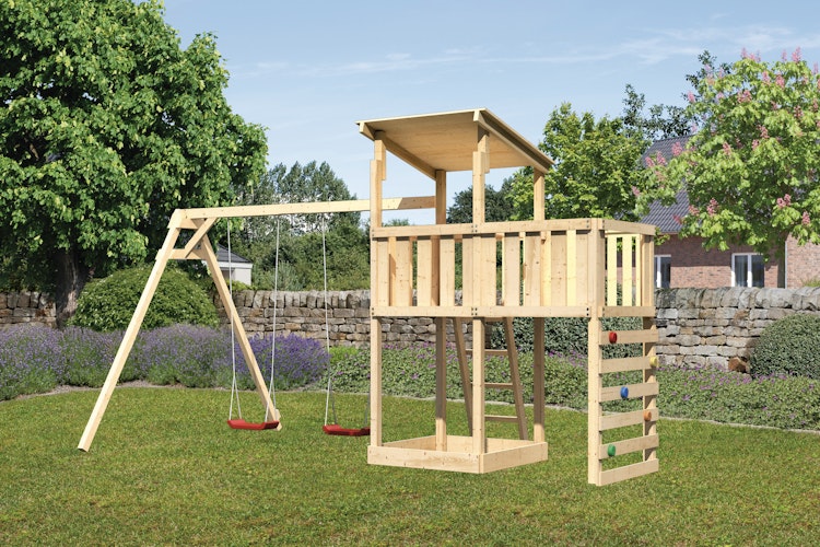 Akubi Kinderspielturm Anna mit Pultdach inkl. Doppelschaukel, Anbauplattform und Kletterwand
