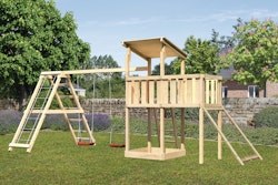 Akubi Kinderspielturm Anna mit Pultdach inkl. Netzrampe, Anbauplattform, Doppelschaukel und Klettergerüst