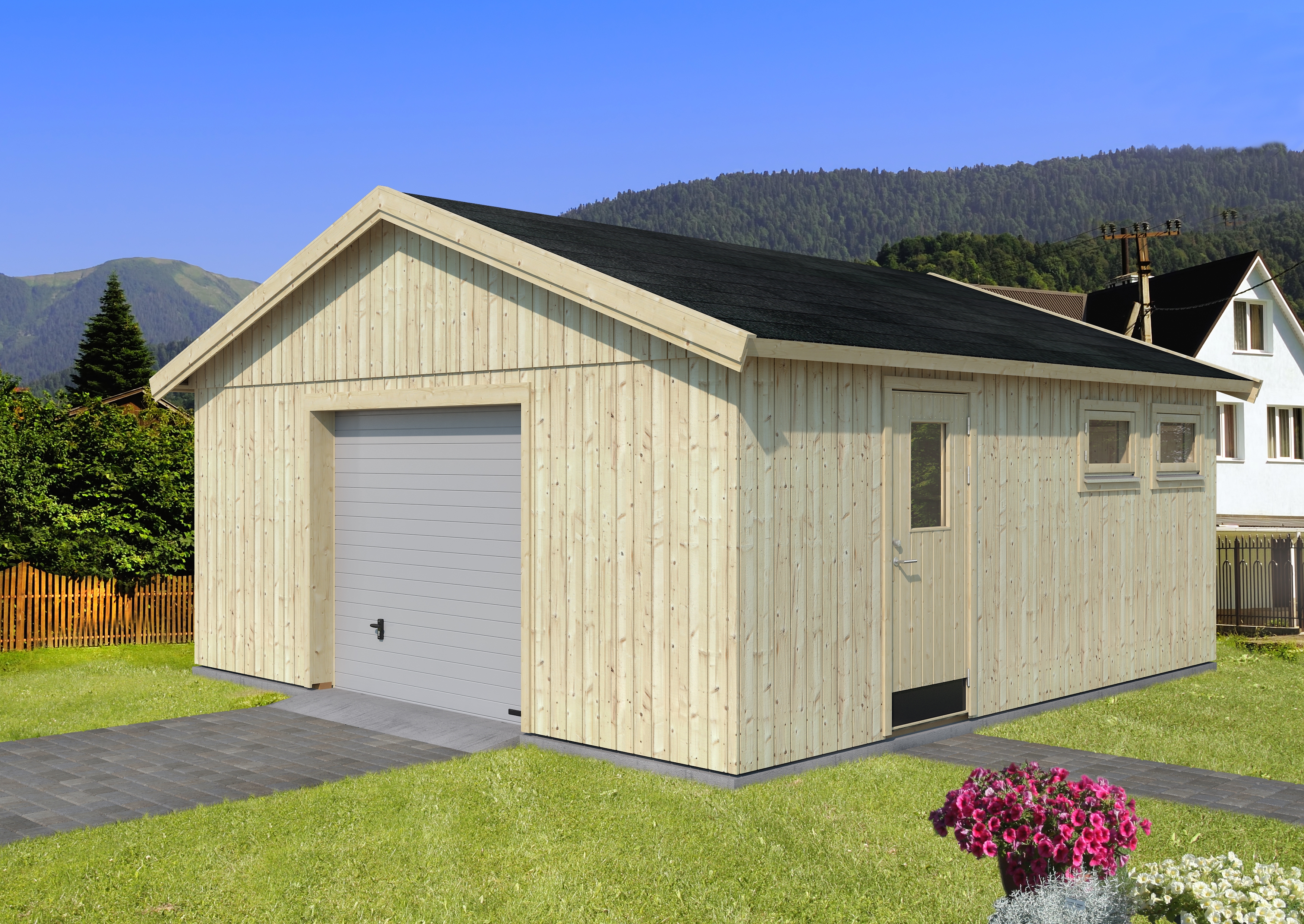 Palmako Nordic+ Gartenhaus/Garage Andre mit Sektionaltor - 28,5 m² - 160 mm