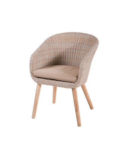 Garden Pleasure Gartenmöbel Set FREMONT / VISALIA, Tisch Ø 110 + 4 Sessel, Akazie / Polyrattan Muskatnuss / Kissen 100 % Polyester Taupe