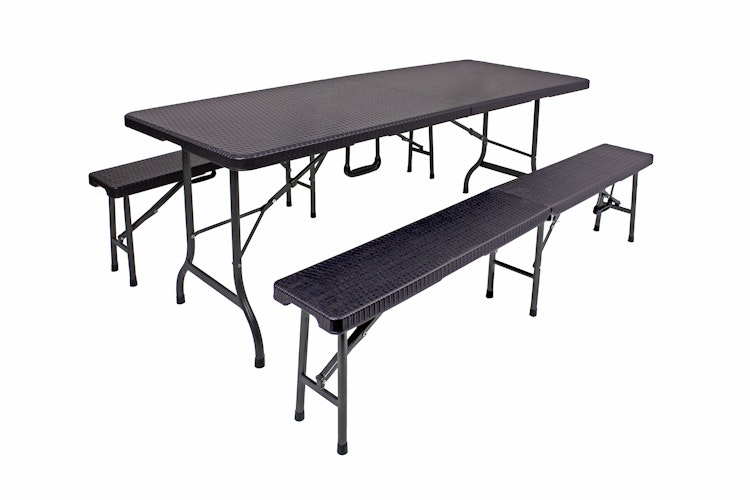 Garden Pleasure Gartenmöbel Set VENTANA, Klapptisch 180 x 74 cm + 2 Klappbänke, Stahl Dunkelgrau / Kunststoff Schwarz