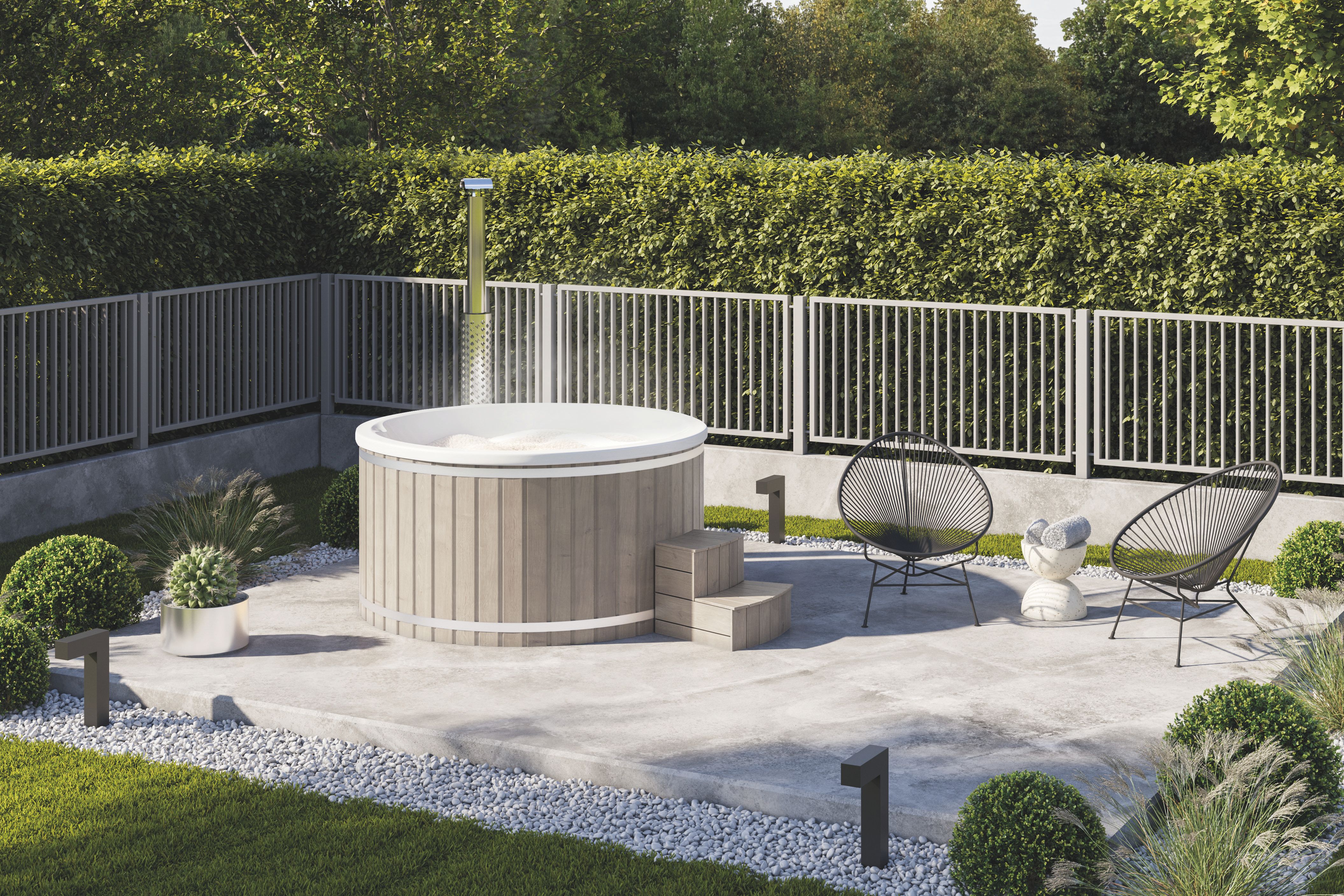 Wolff Finnhaus Badebottich Hot Tub Typ 3 Ø 200 cm mit Acrylwanne, Massagesystem & LED-Beleuchtung