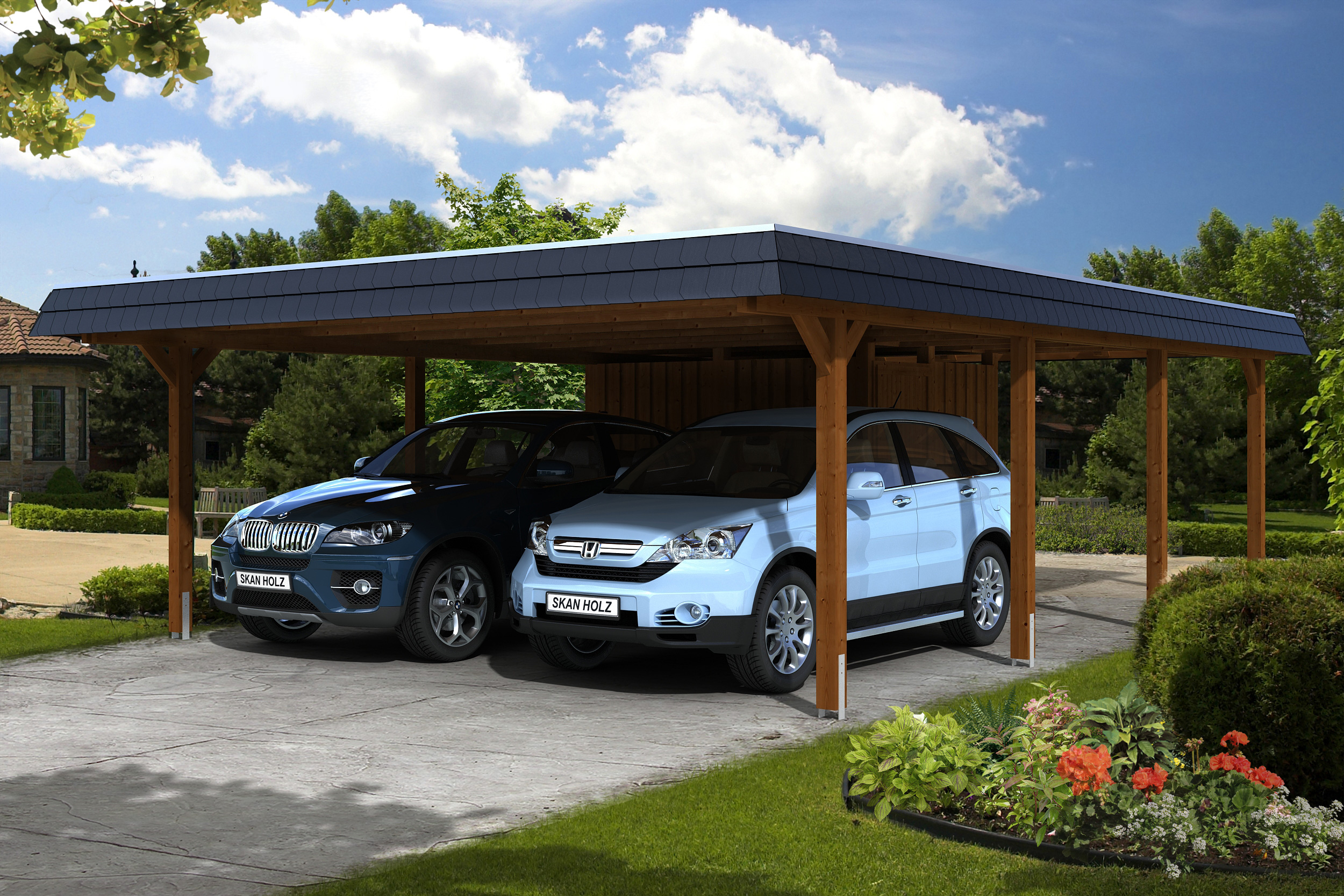 Carport Wendland 630x879 schwarze Blende, nussbaum, mit Abstellraum, Dachschalung und EPDM Holzcarport