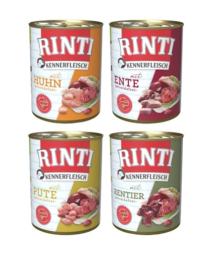 RINTI Kennerfleisch Dose 24 x 800g Mixpaket (Ente,Pute,Rentier,Huhn) Hundenassfutter