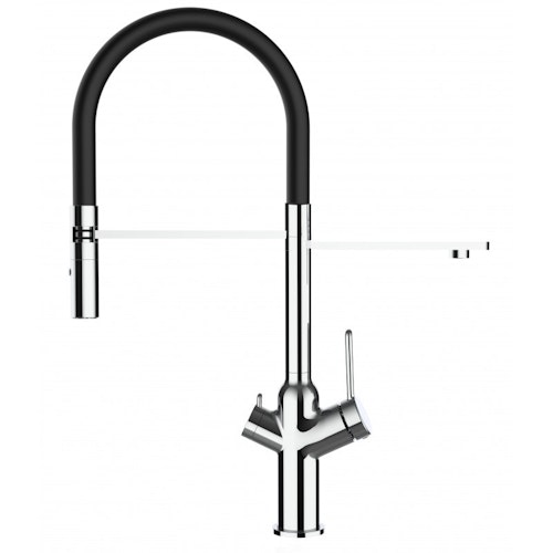3 Wege Wasserhahn Küchenarmatur, BOD, mit 360° schwenkbarem Auslauf, abnehmbare 2 strahl Handbrause, Verchromt / Schwarz