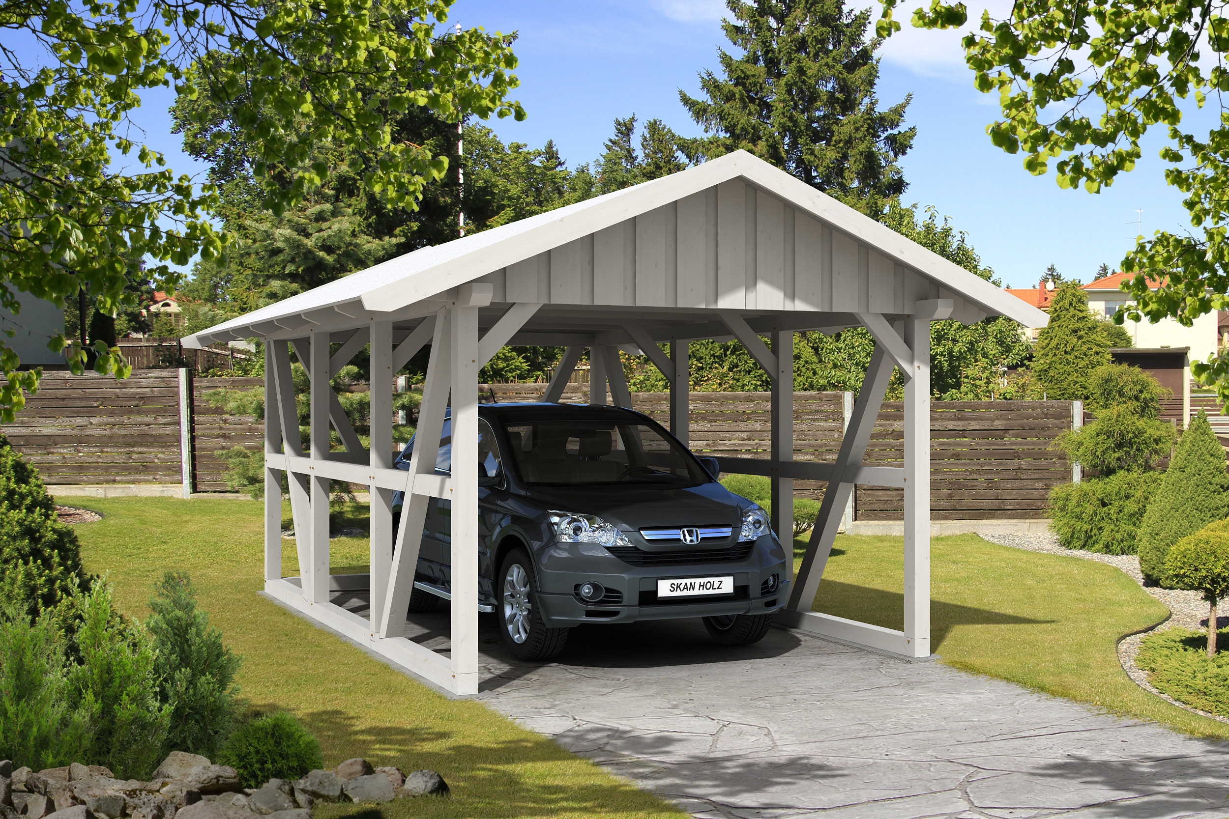 Skan Holz Schwarzwald Einzel 424x600cm Dachschalung weiss mit Rückwand Holzcarport