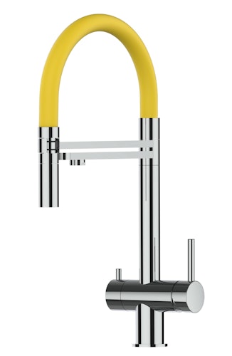 Kurzversion 45CM - 3 Wege Wasserhahn Küchenarmatur, Edelstahl Massiv mit 360° schwenkbarem Auslauf, abnehmbare 2 strahl Handbrause, Hochglanz / Gelb