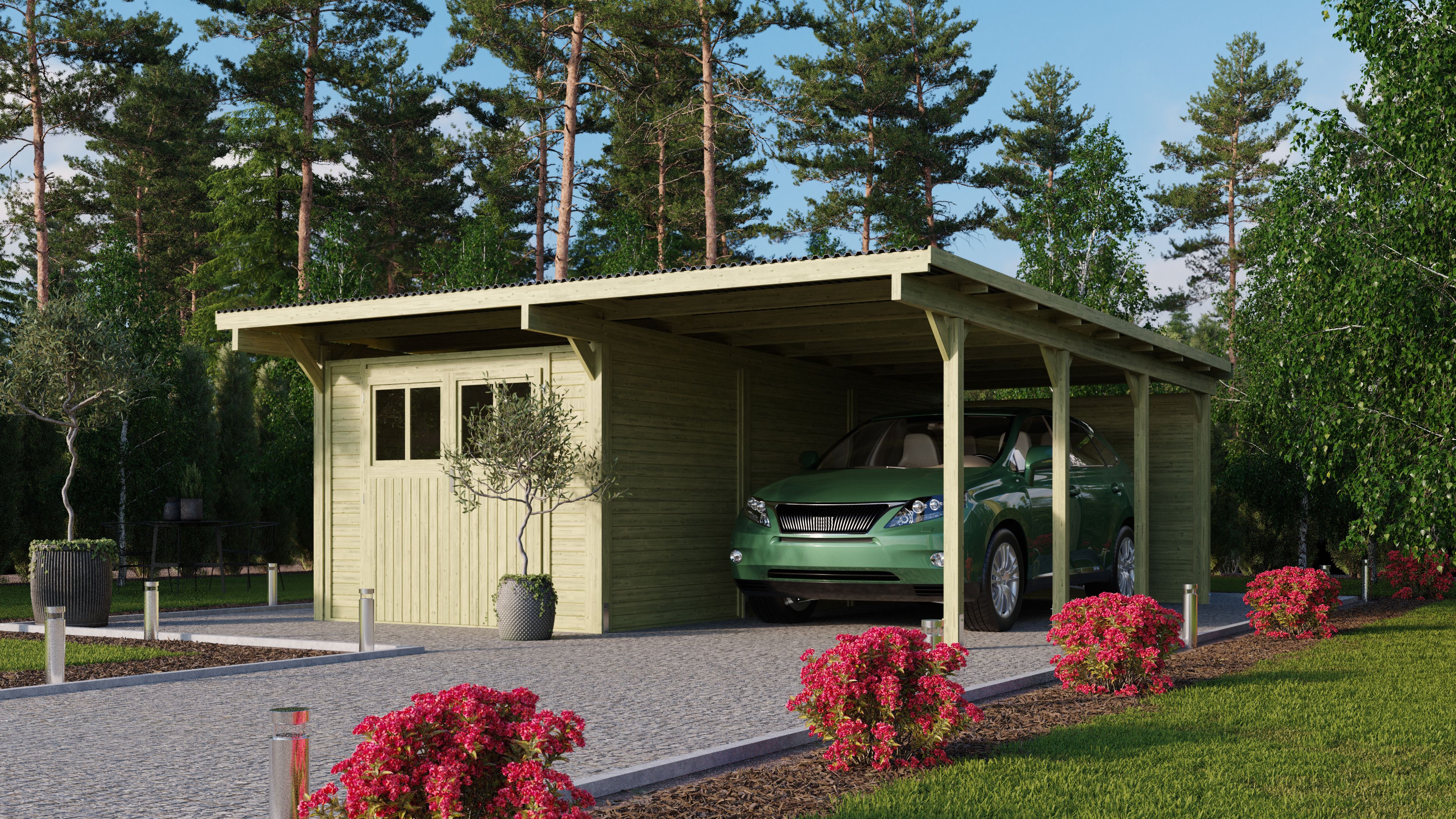 Karibu Doppelcarport Eco 2 mit integriertem Abstellraum groß - kesseldruckimprägniert