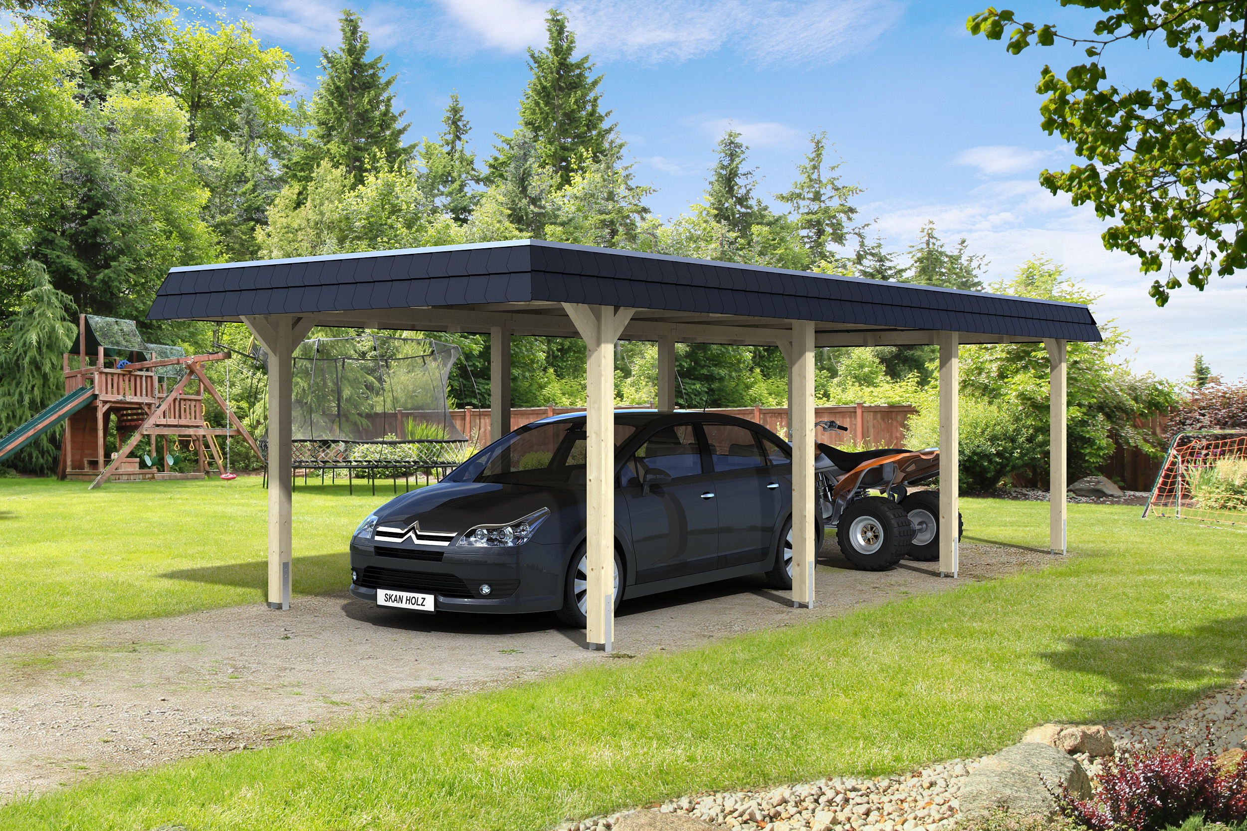 Skan Holz Walmdach Carport 362cm farblich unbehandelt Holzcarport