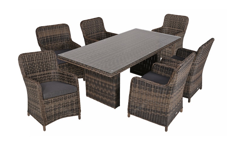 Garden Pleasure Gartenmöbel Set BORDEAUX II, Tisch 200 x 100 + 6 Sessel, Polyrattan Nelkenbraun / Glasplatte / Kissen 100 % Polyester Dunkelgrau