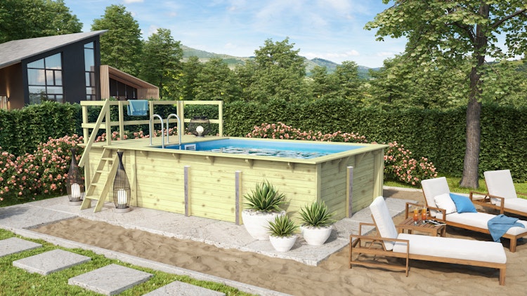 Karibu Rechteck Pool Gr. 2 - 350 x 440 cm - kesseldruckimprägniert Sparset mit Filteranlage 