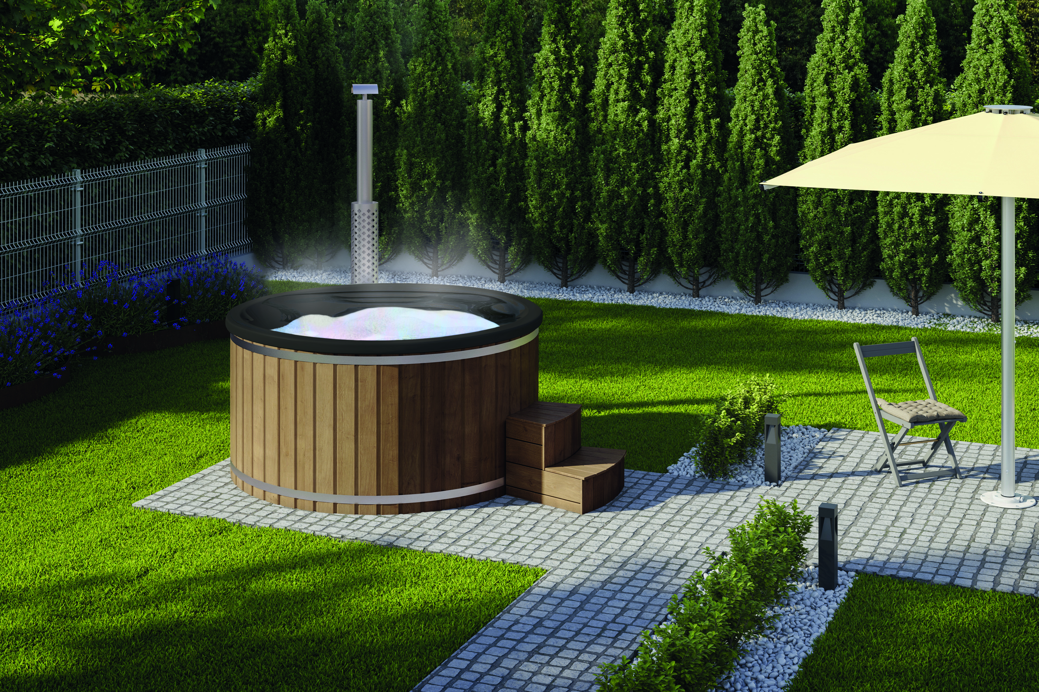 Wolff Finnhaus Badebottich Hot Tub Typ 5 Ø 225 cm mit Acrylwanne, Massagesystem, Luftsprudelsystem & LED-Beleuchtung