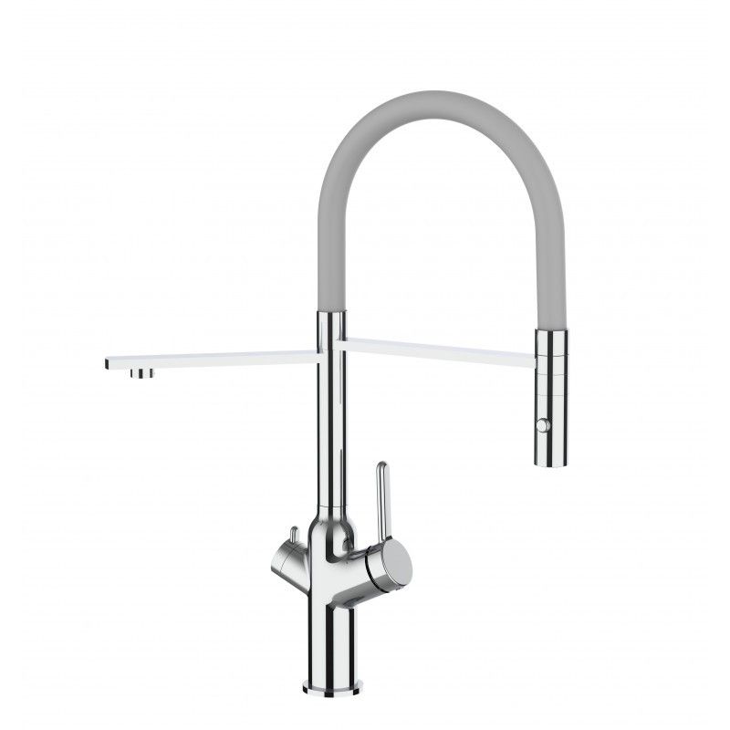 3 Wege Wasserhahn Küchenarmatur, BOD, mit 360° schwenkbarem Auslauf, abnehmbare 2 strahl Handbrause, Verchromt / Grau