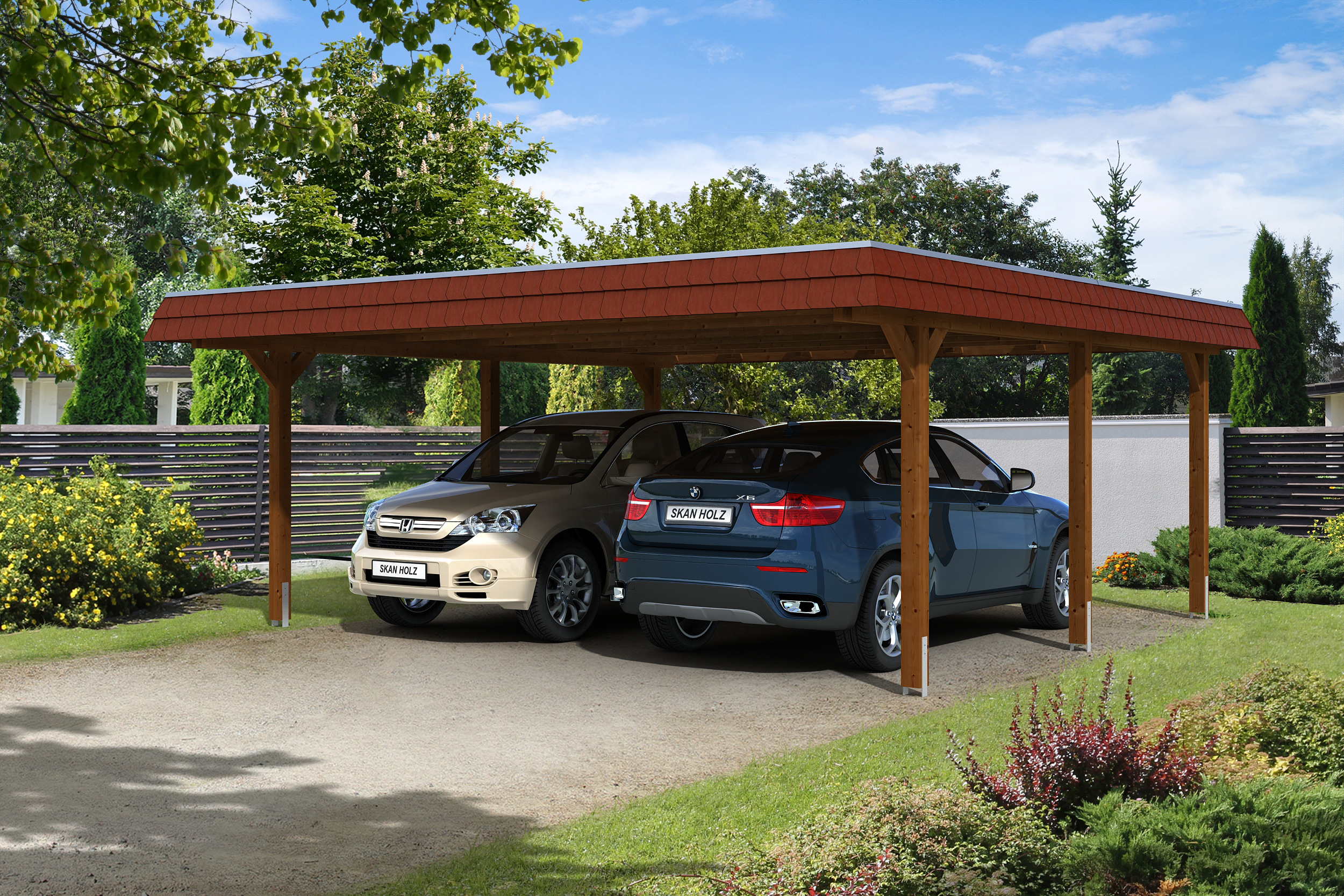 Skan Holz Walmdach Carport 630cm rote Blende Gr. 1 nussbaum Holzcarport