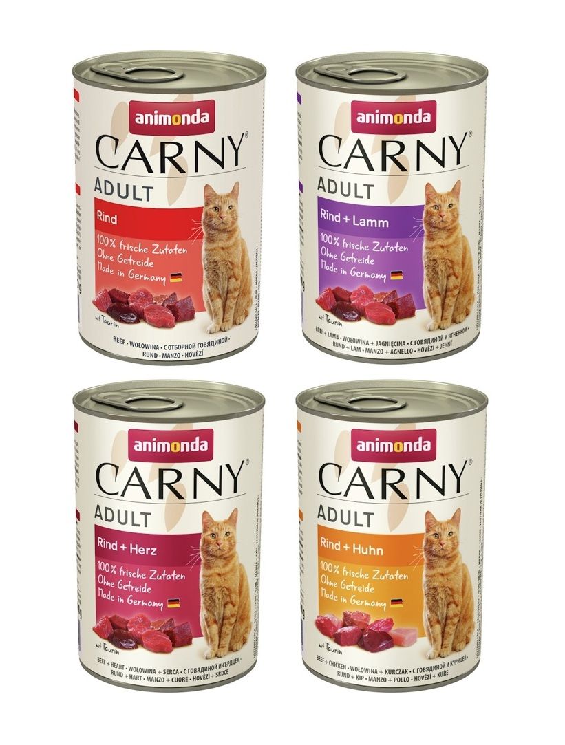 animonda Carny Adult 24 x 400g Mixpaket (Rind&Lamm, Rind&Huhn,Rind,Rind&Herz) Katzennassfutter