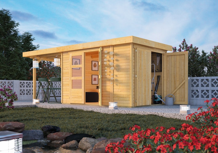 Karibu Woodfeeling Gartenhaus Retola 2/3/4/5/6 inkl. Anbauschrank u. 240 cm Schleppdach
