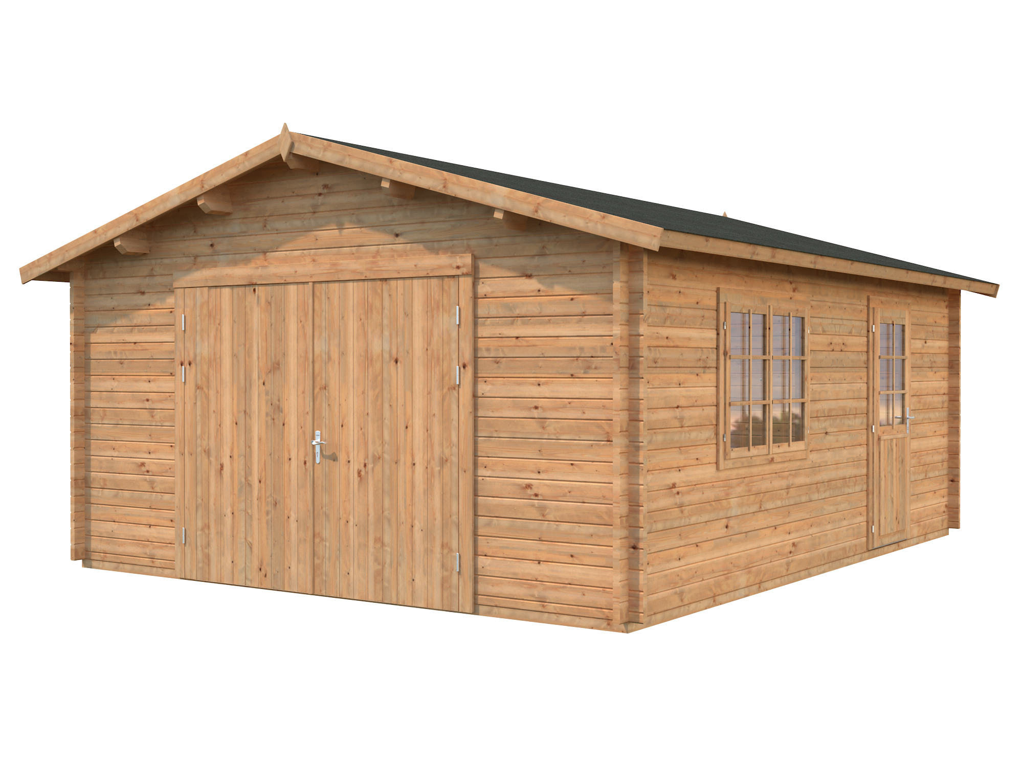 Palmako Garage Roger 23,9 m² - 44 mm - mit Holztor Hellbraun tauchimprägniert
