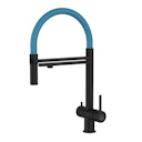 Vorschaubild Kurzversion 45 cm - 3 Wege Wasserhahn Küchenarmatur, Edelstahl Massiv mit 360° schwenkbarem Auslauf und abnehmbare 2 strahl Handbrause, PVD Schwarz Matt / Hellblau