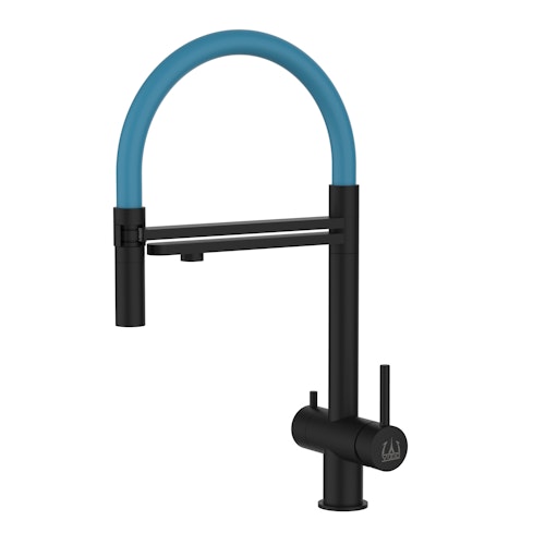 Kurzversion 45 cm - 3 Wege Wasserhahn Küchenarmatur, Edelstahl Massiv mit 360° schwenkbarem Auslauf und abnehmbare 2 strahl Handbrause, PVD Schwarz Matt / Hellblau