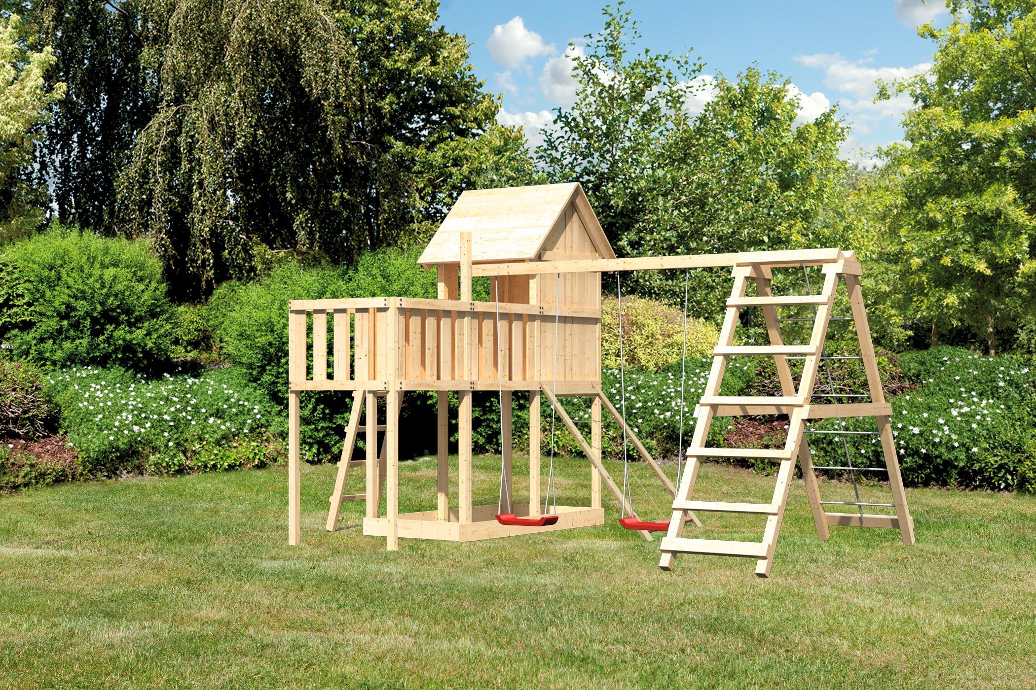 Akubi Stelzenhaus Frieda mit Doppelschaukelanbau, Klettergerüst, Anbauplattform und Netzrampe