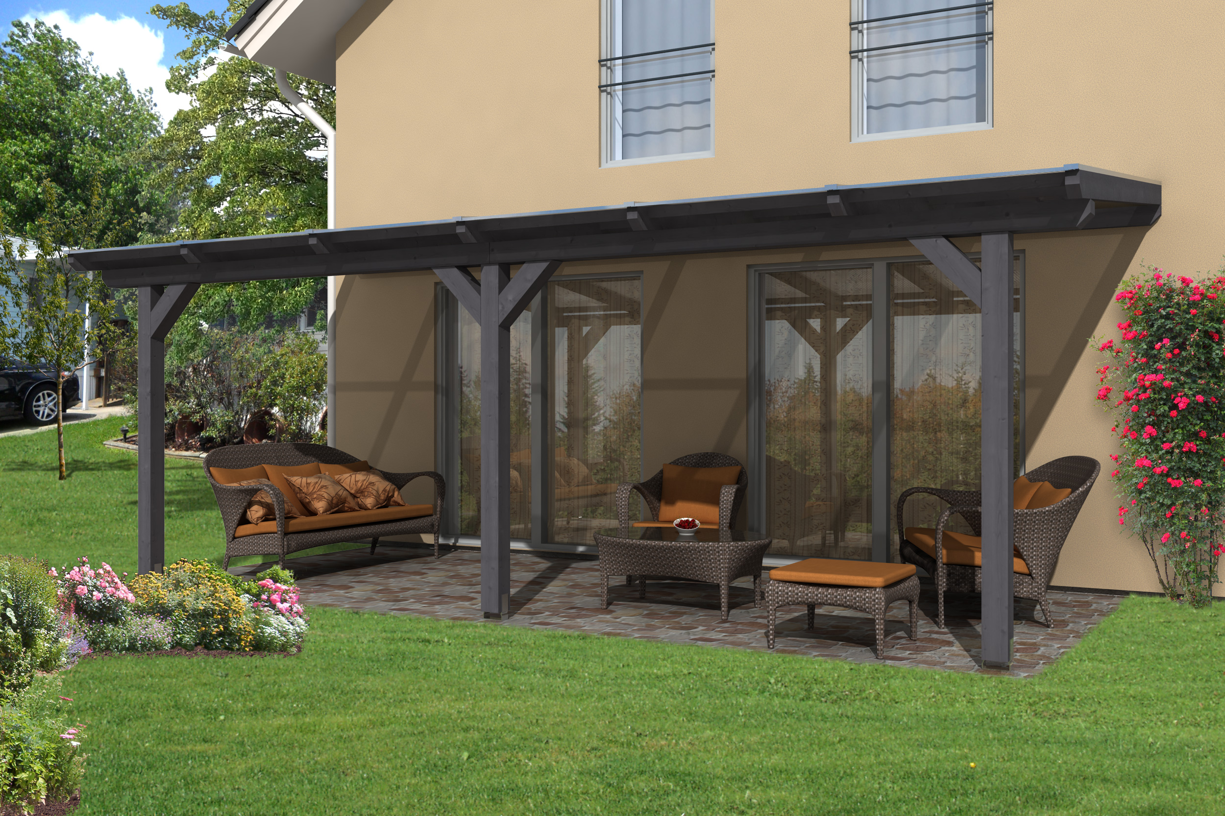 Skan Holz Terrassenüberdachung Andria aus Leimholz mit Mittelpfosten Breite 648 cm-648 x 250 cm-schiefergrau