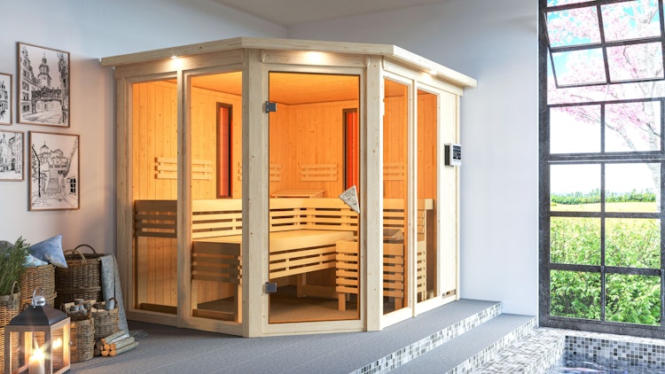 Karibu Multifunktions-Sauna Ava inkl. Infrarotstrahler mit Eckeinstieg 68 mm inkl. gratis Sauna-Zubehörset im Wert von 234,94 €