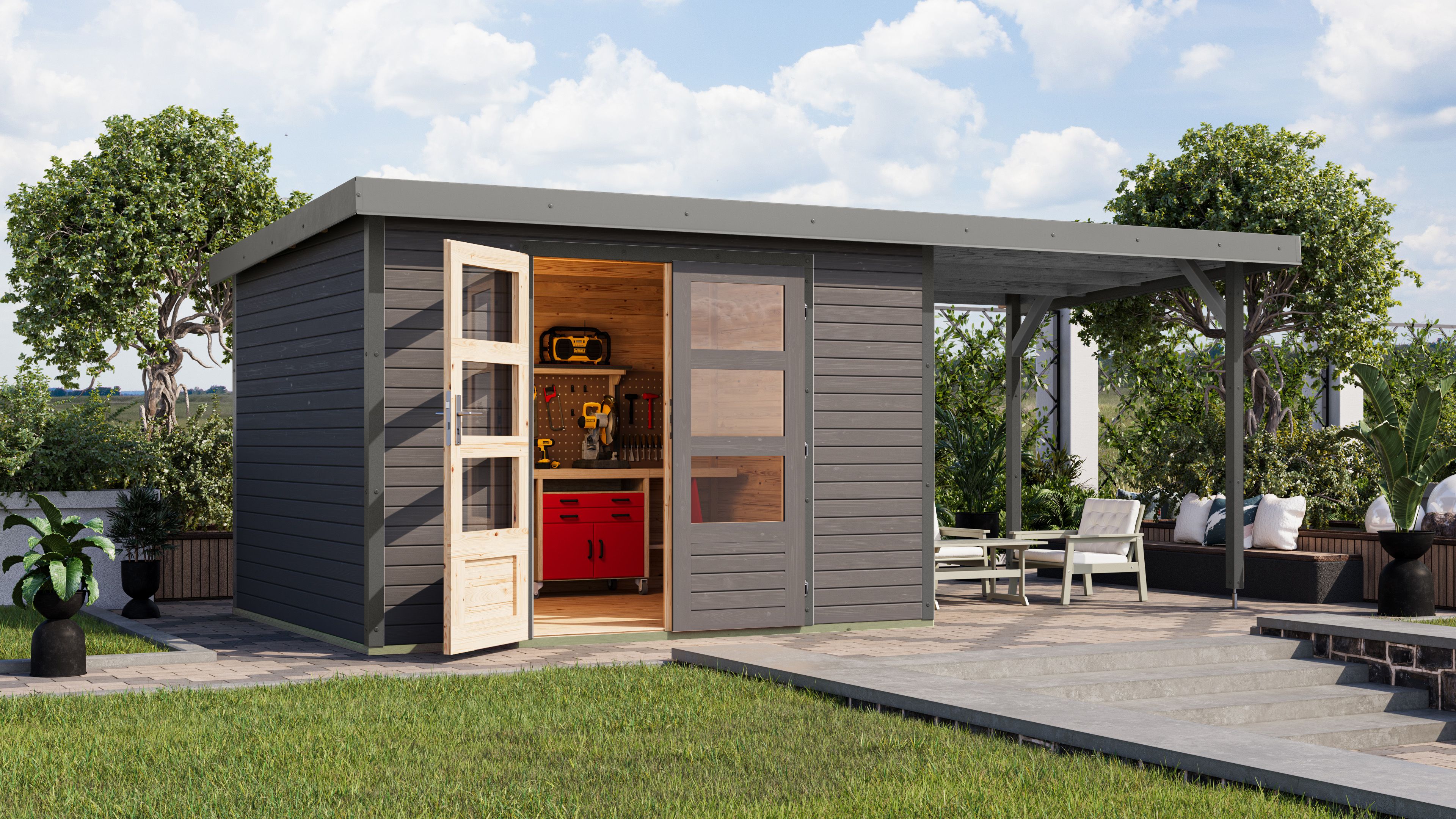 Karibu Metall-Holzgartenhaus Hybridhaus Jupiter A/B/C/D - 19 mm/0,5 mm inkl. gratis LED-Strahler/Solarpaneel