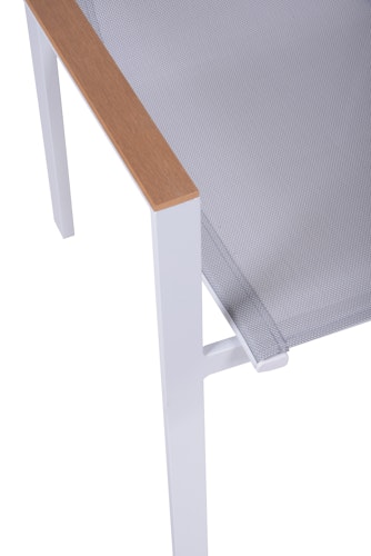 Garden Pleasure Gartenmöbel Set VENICE 02, Tisch 200 x 100 + 6 Stapelssessel, Alu Weiß / Nonwood Teak-Optik / Kunststoffgewebe Hellgrau