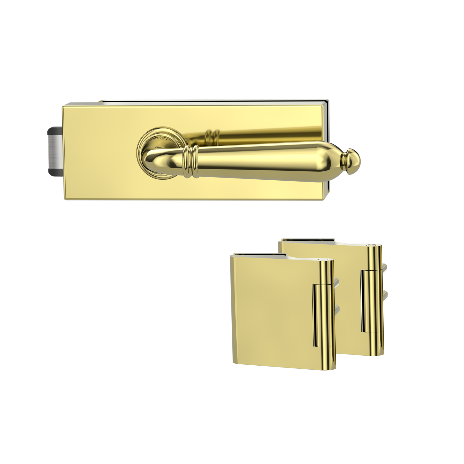 Griffwerk Glastürbeschlag PURISTO S mit Griff CAROLA unverschließbar Flüster 3-tlg. Bänder CAROLA Messing-Optik