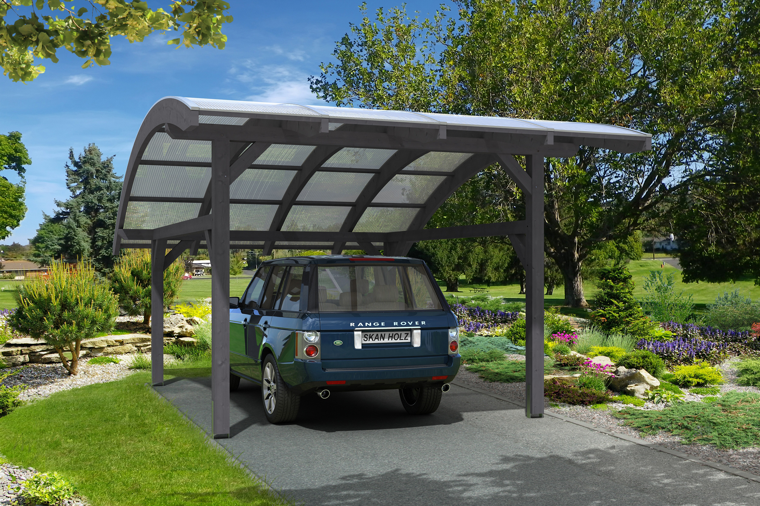 Skan Holz Schwaben Einzelcarport aus Leimholz 434x630cm grau Holzcarport