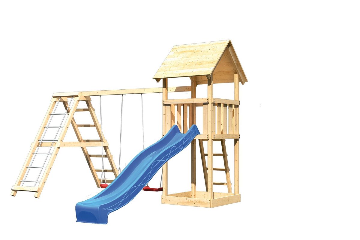 Akubi Kinderspielturm Lotti inkl. Wellenrutsche und Doppelschaukelanbau mit Klettergerüst (Set C)-blau