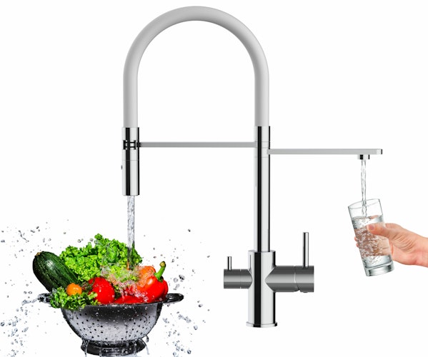 NIEDERDRUCK 3 Wege Wasserhahn Küchenarmatur, FL, mit 360° schwenkbarem Auslauf, abnehmbare 2 strahl Handbrause, Verchromt / Weiß