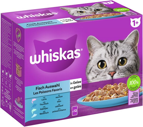 Whiskas 1+ Fischauswahl in Gelee 12 x 85 Gramm Multipack Katzennassfutter