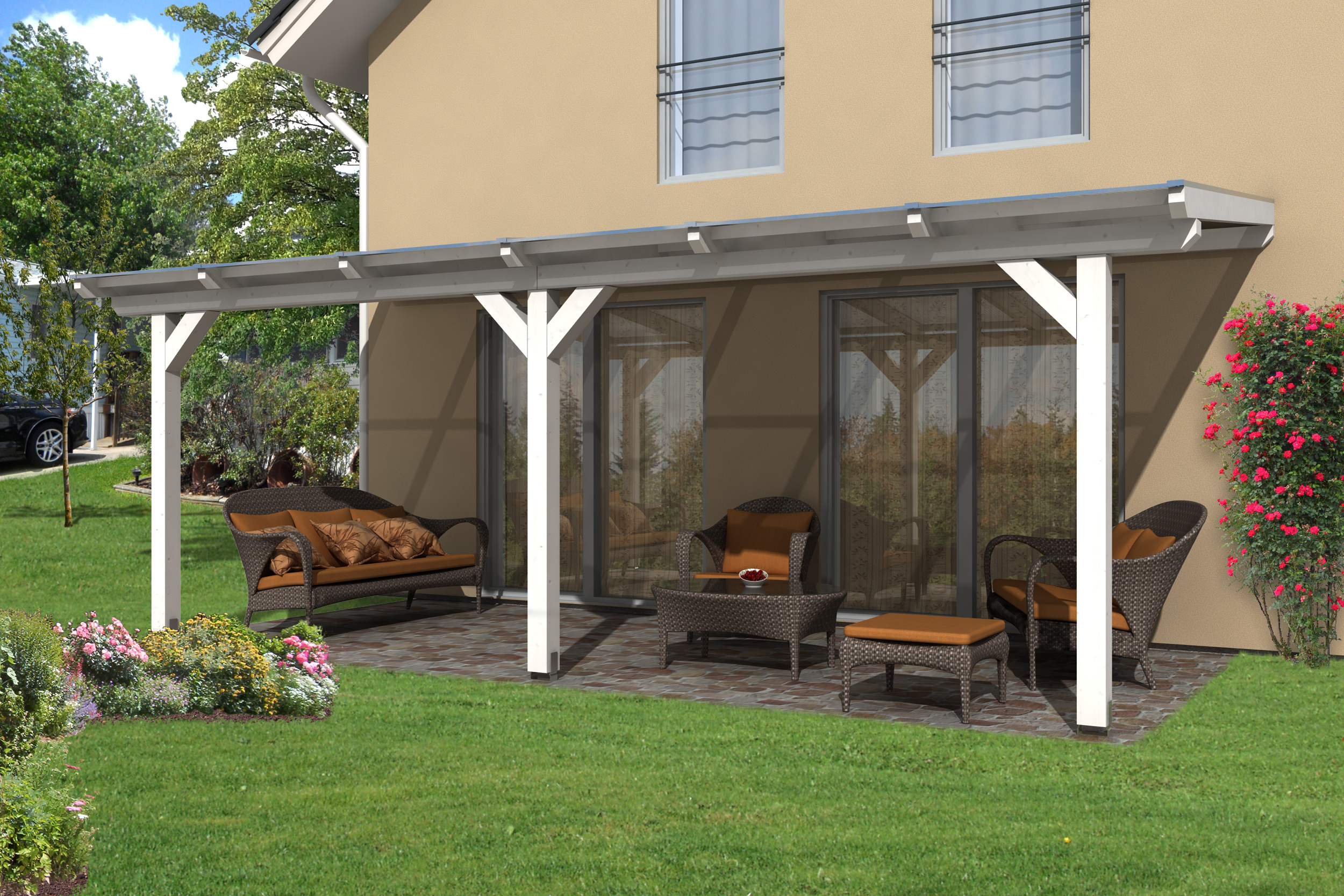 Skan Holz Terrassenüberdachung Andria 648x400cm weiß aus Leimholz