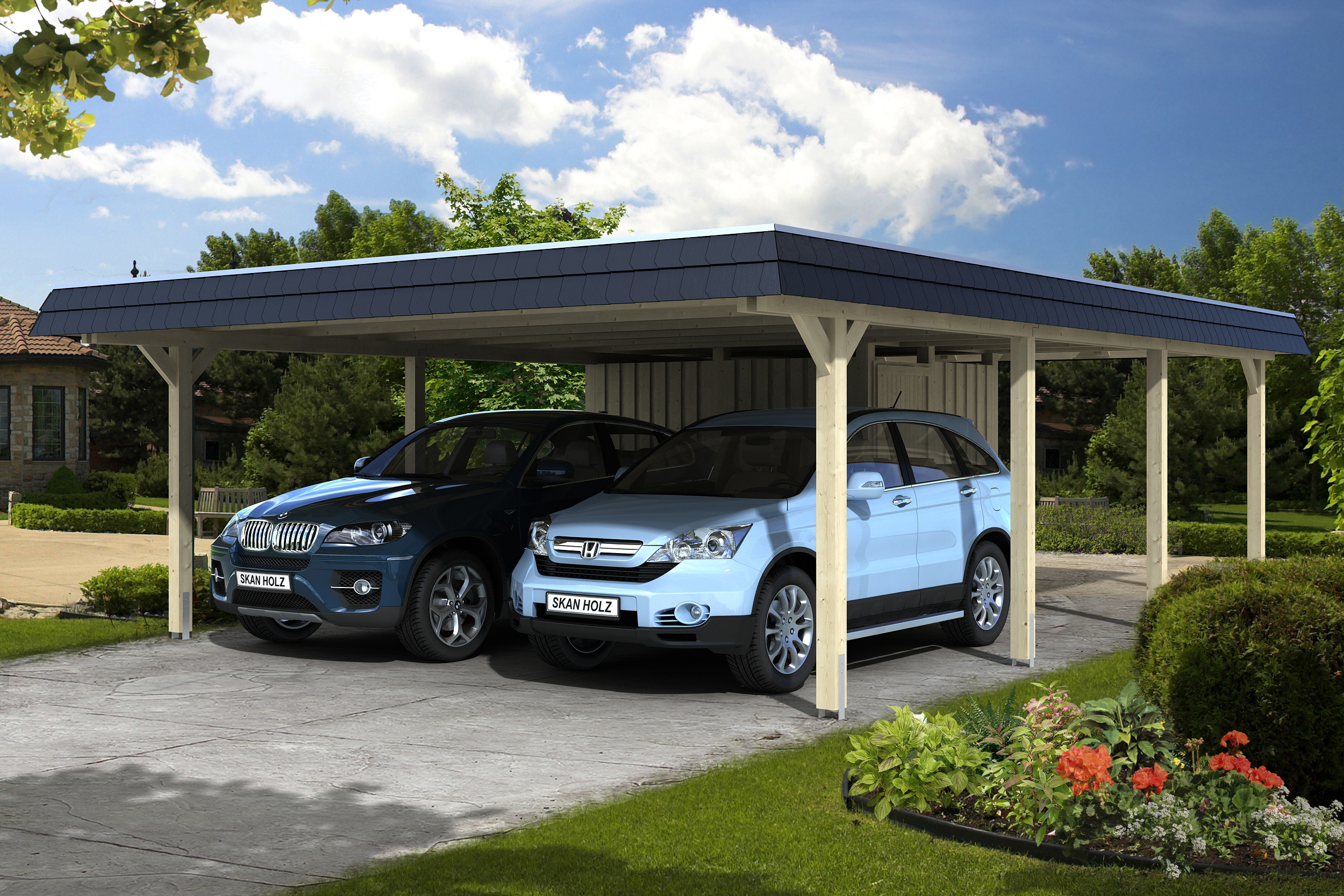 Skan Holz Walmdach Carport Leimholz 630 cm Größe 2 (Abstellraum) Holzcarport