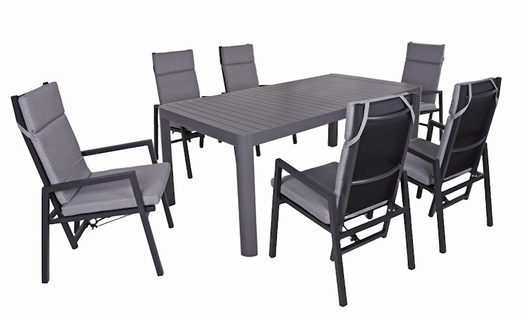 Garden Pleasure Gartenmöbel Set AMIRA / SINTRA, Ausziehtisch 195 /240 x 100 + 6 Sessel, Alu Anthrazit / Kunststoffgewebe Grau / Kissen 100 % Polyester