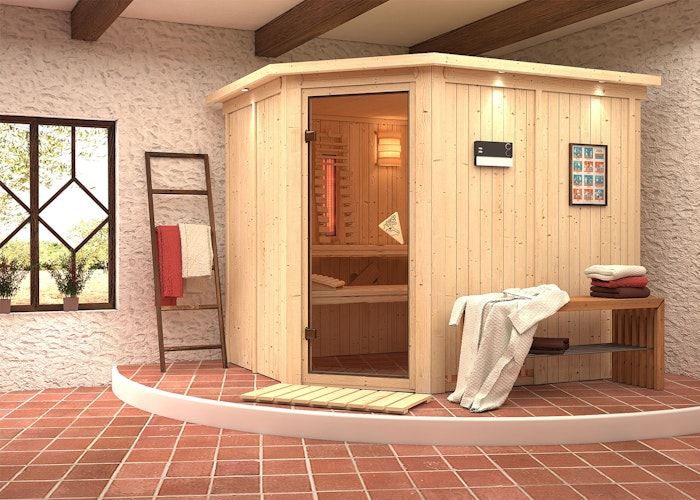 Karibu Sauna Malin mit Eckeinstieg 68 mm inkl. gratis Sauna-Zubehörset im Wert von 234,94 €