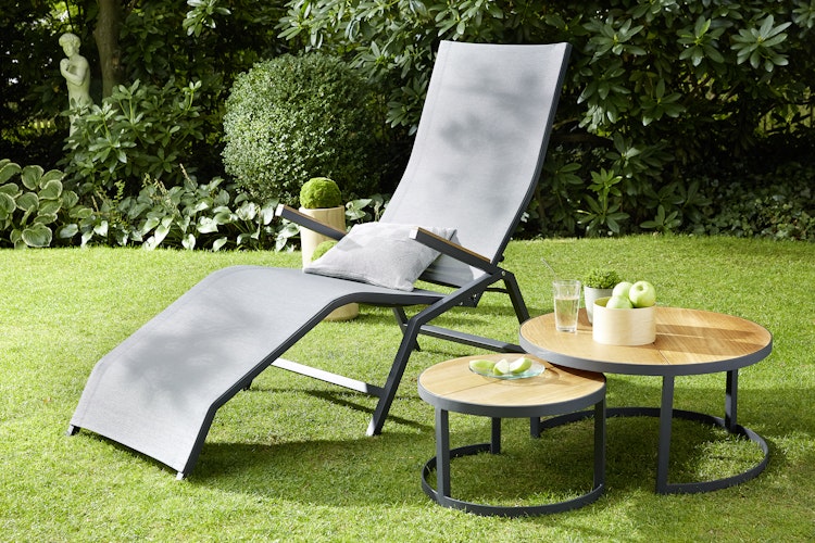 Diamond Garden 2er Set Loungetische NESTED rund, Edelstahl Dunkelgrau / Premium Teak