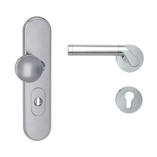 Griffwerk TITANO Kombi SB_882 ES1 (S2) -Edelstahl matt Kombi-Schutzbeschlag -Knopf/Drücker -mit Griff CORINNA Schraubt. -CHR/EM -L -ZA, 72mm -TS 38-50