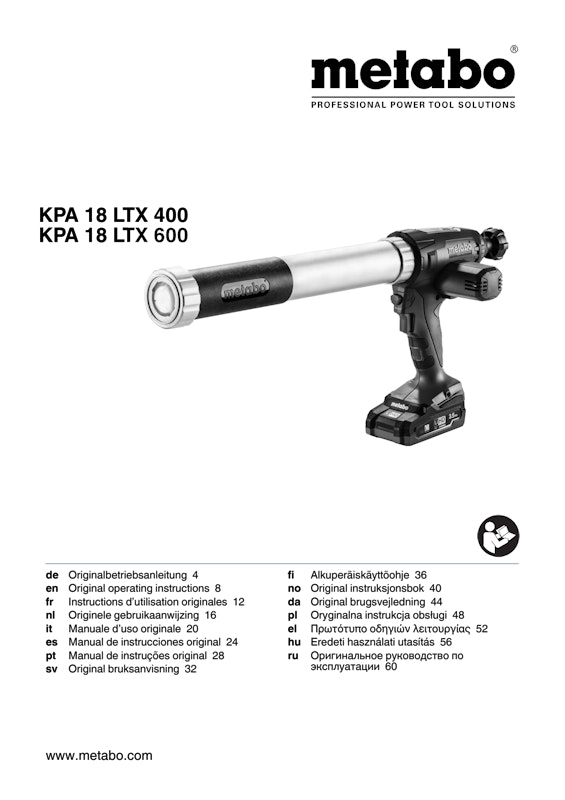 Bedienungsanleitung fÃ¼r Metabo Akku-Kartuschenpistole KPA 18 LTX 400