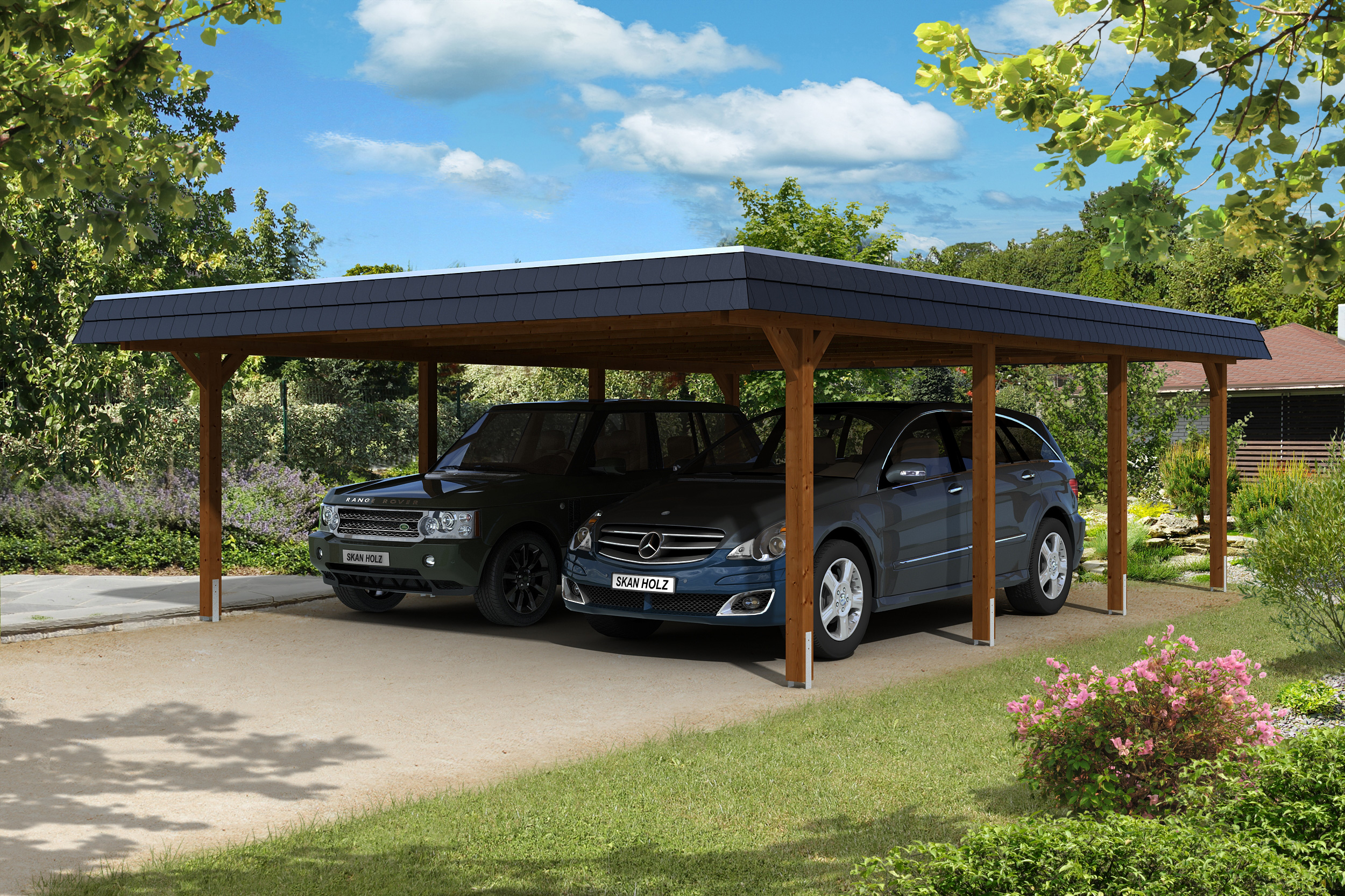Carport Wendland 630x879 schwarze Blende, nussbaum, 20mm Dachschalung mit EPDM Folie Holzcarport