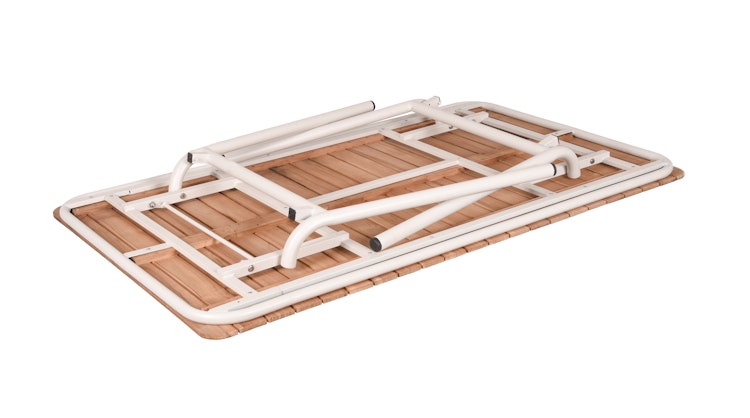 Garden Pleasure Gartenmöbel Set CARMEL, Tisch 150 x 90 + 4 Stapelsessel, Stahl Weiß / Teak / Rope