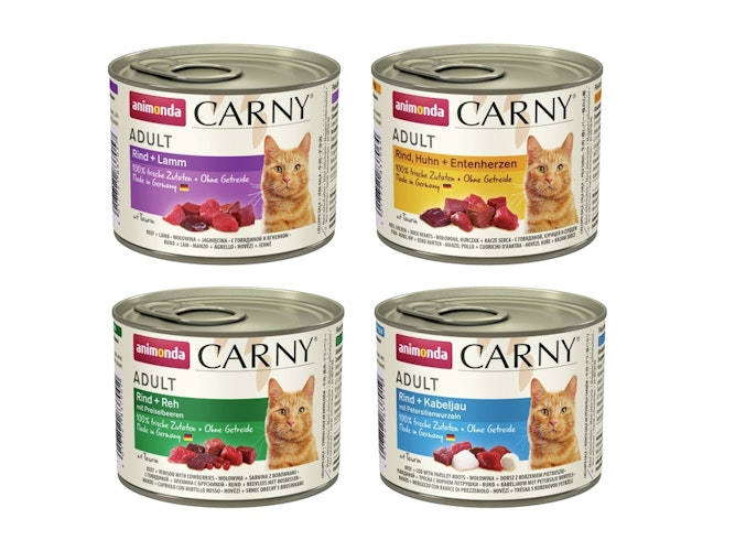 animonda Carny Adult 24 x 200g Mixpaket (Rind & Lamm,Rind&Huhn mit Entenherz,Rind&Reh,Rind&Kabeljau) Katzennassfutter